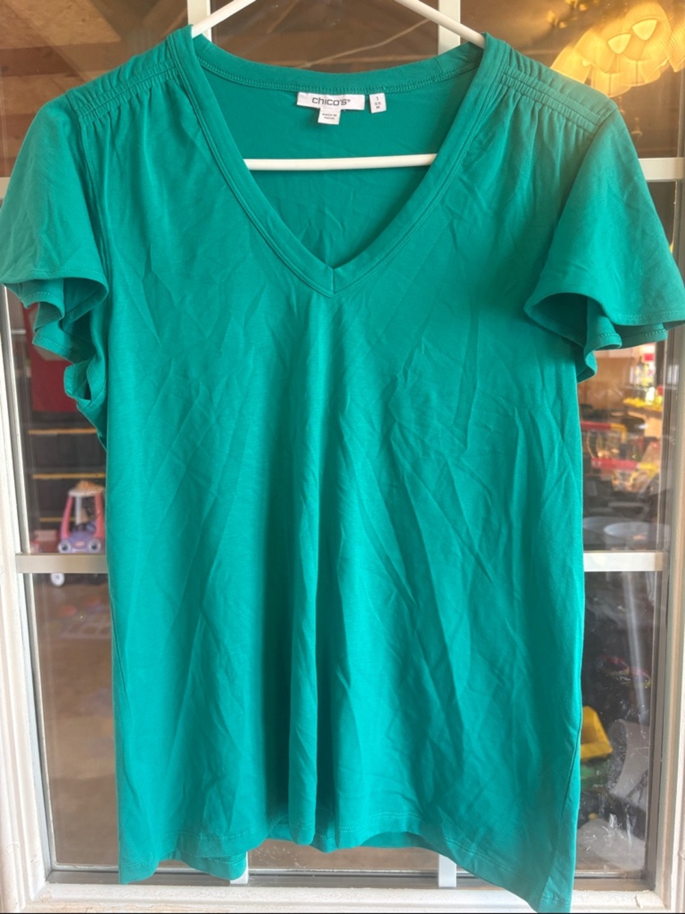 Chico's Teal V-Neck Flutter Sleeve Tee